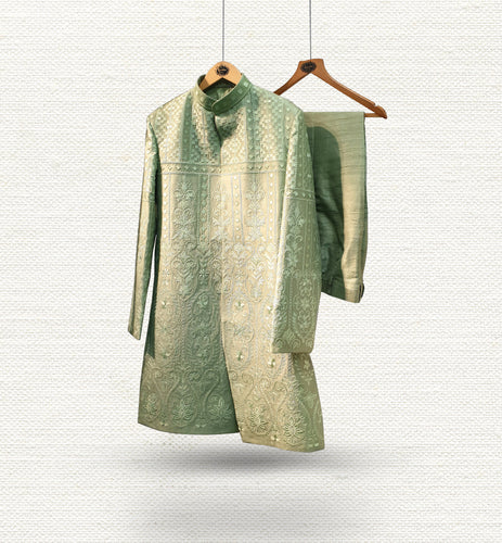 Sap green khadi sherwani