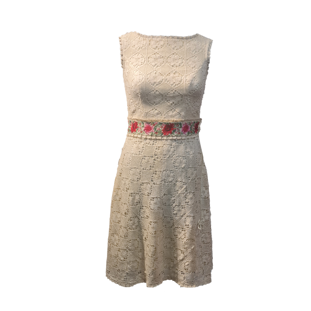 Crochet off-white Dress with Gara Embroidery Belt