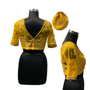 Yellow Brocade Blouse with Net Sleeves