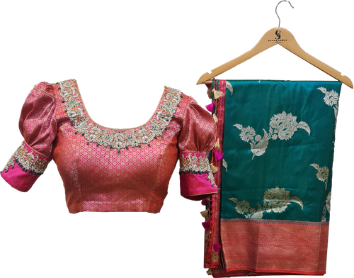 Banarasi Jamawar Silk Saree with crafted Jadau work Blouse