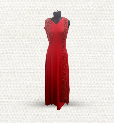 red gown with scuba fabric