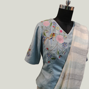 Sky Blue Blouse with Floral Thread-work